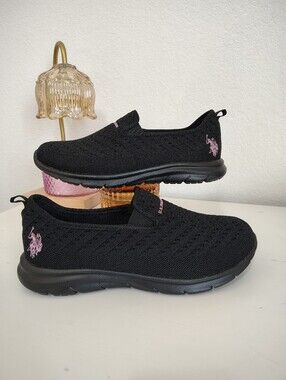 U.S. Polo Assn. Comfort Insoles Black Knit Slip-On Sneaker with Pink Logo 8.5W